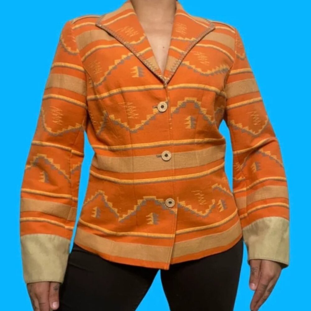 Coldwater‎ Creek Southwestern Blazer Women's Size 12 Aztec Orange 100% Cotton